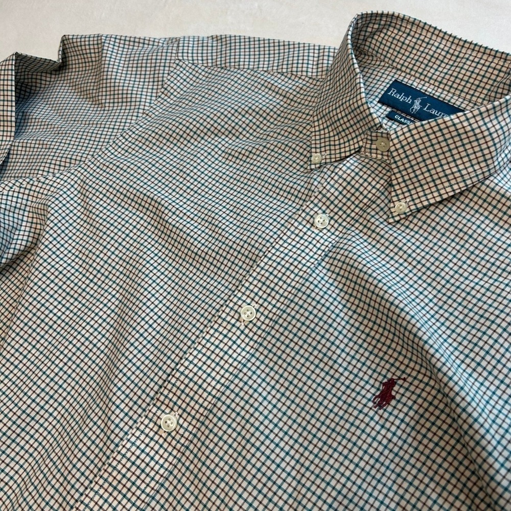 Ralph Lauren Classic Fit Mens Medium White Blue Grey Check Button Down Shirt M